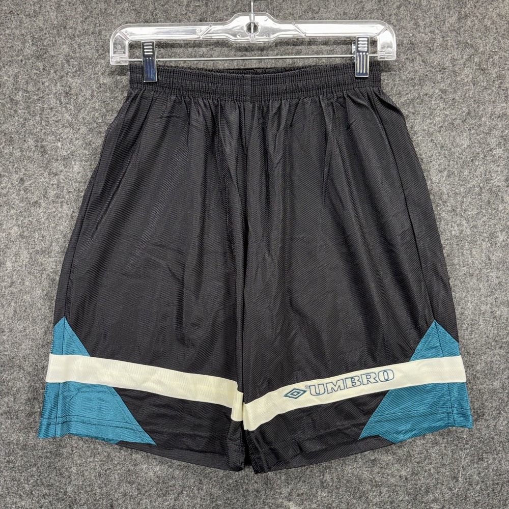 Vintage Umbro Shorts Mens Small USA Drawstring Soccer Black Blue 8" Inseam 90s